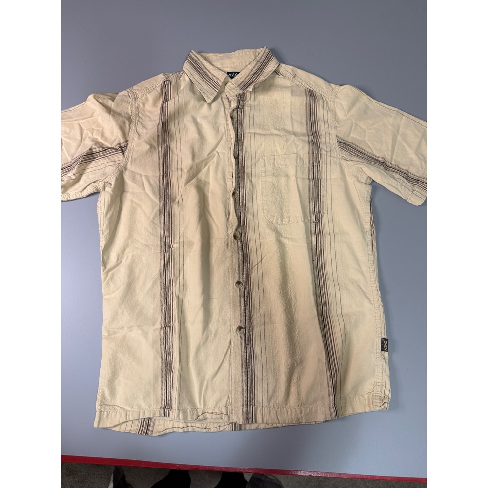 Kuhl Mens Medium Tan Striped Short Sleeve Button Down 100% Cotton Outdoor Shirt
